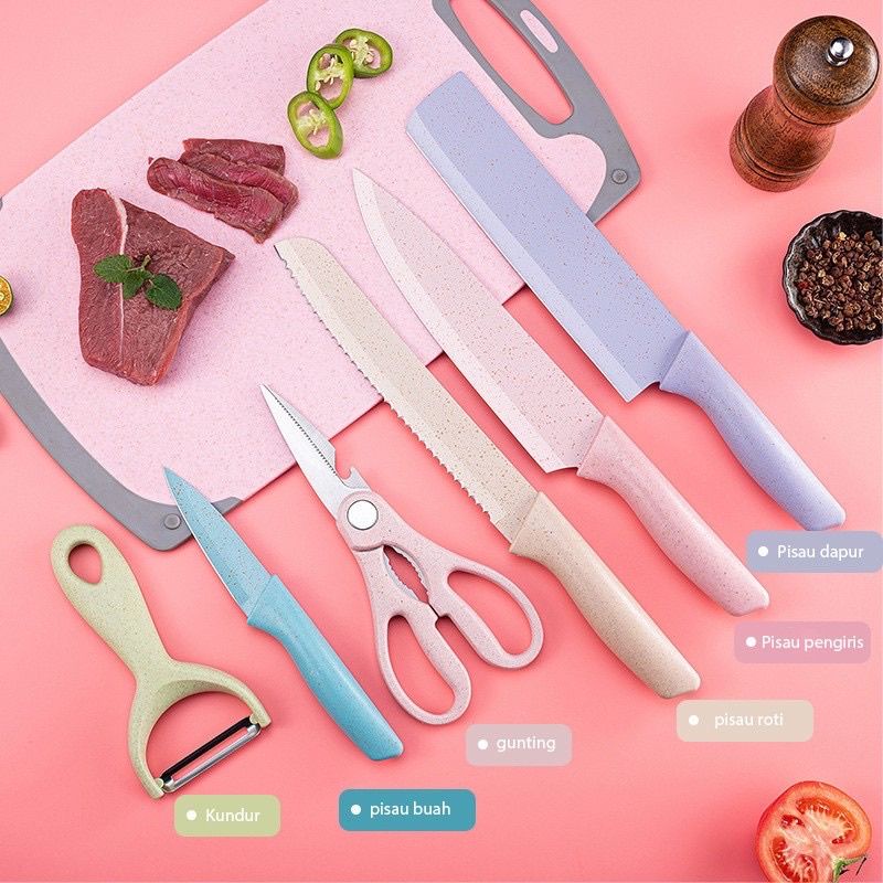 Pisau Dapur Aesthetic Set Rainbow Pisau Warna Jerami Keramik Marmer Stainless Knife Anti Lengket Isi 6 in 1  Peralatan Masak Pisau PREMIUM