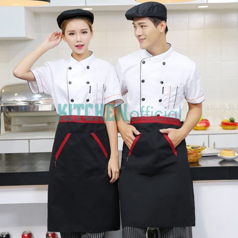 Kitchen.Official Baju Koki Chef Seragam Masak Jacket Lengan Pendek Unisex Pria Wanita Termurah