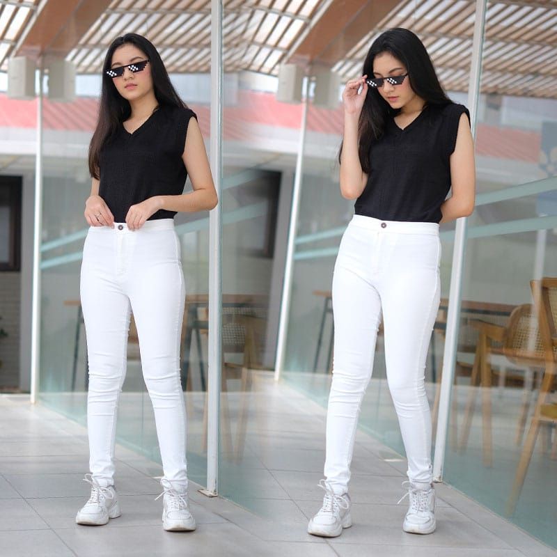 Celana Highwest Jeans Wanita Putih Pensil