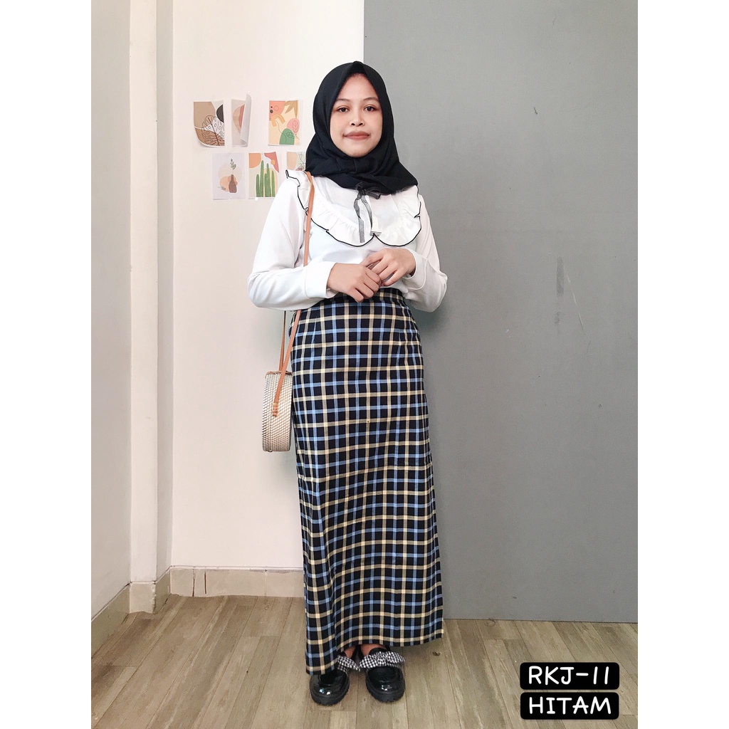 MAJOMER ® | ISHAK TARTAN LONG SKIRT - ROK PANJANG SEMI SPAN-RKJ-11 HITAM