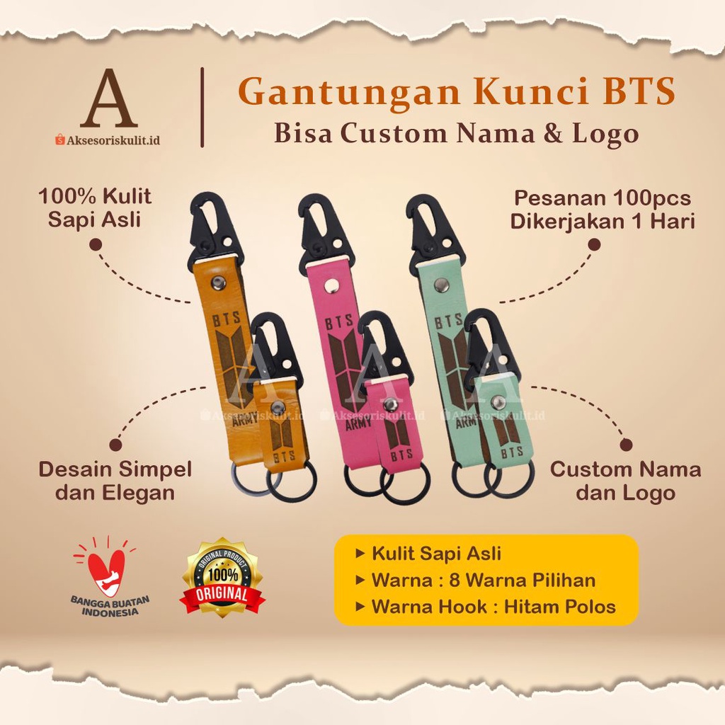 Gantungan Kunci Motor Pendek Panjang BTS Kulit Sapi Asli 100% Original Koing Handmade Bisa Custom Nama dan Logo Keren Unik Murah Berkualitas