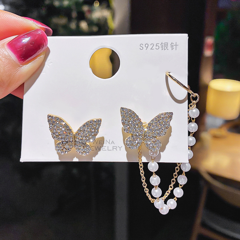 IFYOU Korean Personality Asymmetricear Ear Clips Simple Diamond Butterfly Pearl Tassel Earrings Fashion Jewelry Accessories