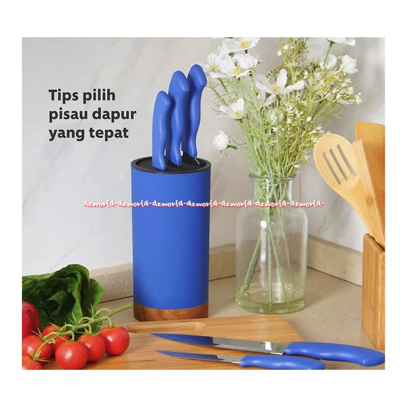 Krischef Blue Knife Set 5pcs Pisau Dapur Warna Biru 1set Dengan Tempat Box Bulat Blue Holder Kris Chef Blue Knifeset