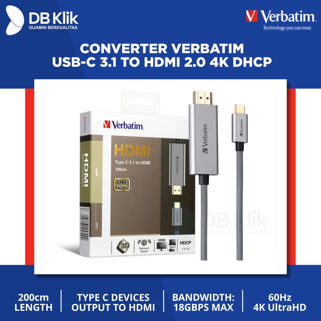 Converter Verbatim USB C 3.1 to HDMI 2.0 4K DHCP 200cm- Verbatim 65709