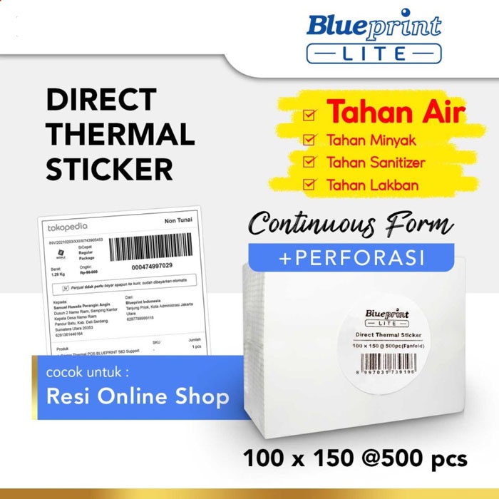 Blueprint Lite Direct Thermal Sticker Kotak CF A6 100x150mm 500 Pcs Label Stiker