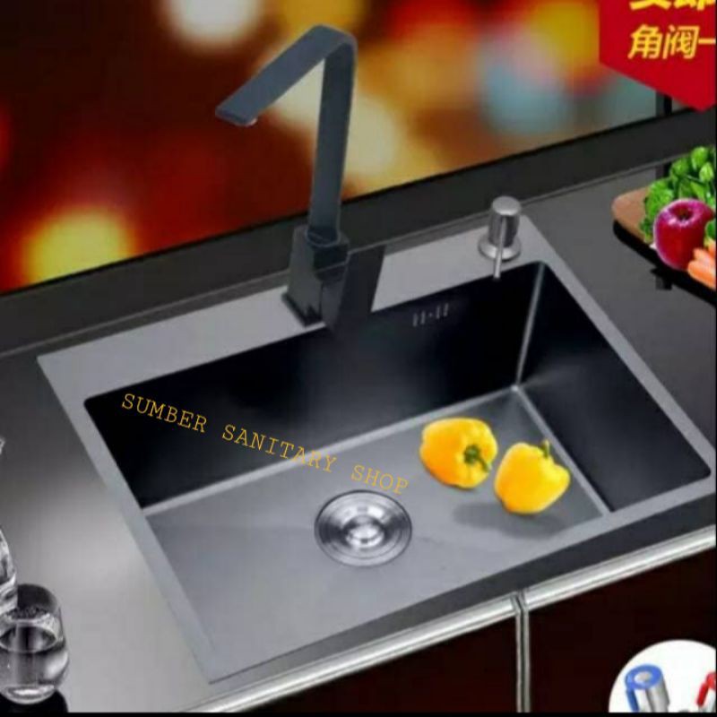 kitchen sink 5040 black komplit set kran tarik   bak cuci piring 5040 hitam komplit set