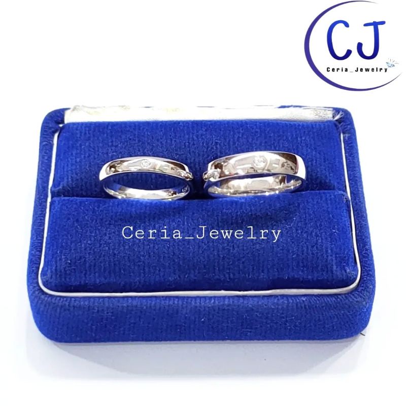 Cincin Perak Asli Pria Wanita Silver 925 Lapis Emas Putih Model Cincin Polos 1 permata, Cincin Pasangan, Cincin Tunangan, Cincin Couple - Perhiasan Perak Asli