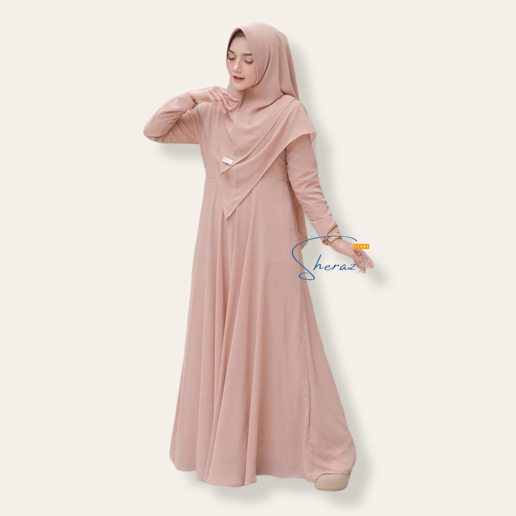 Gamis Set Hijab Jumbo Ld 120 130 140 Baju Gamis Dress Muslim Wanita Remaja Murah MAYRA SYARI + KHIMAR-Cream