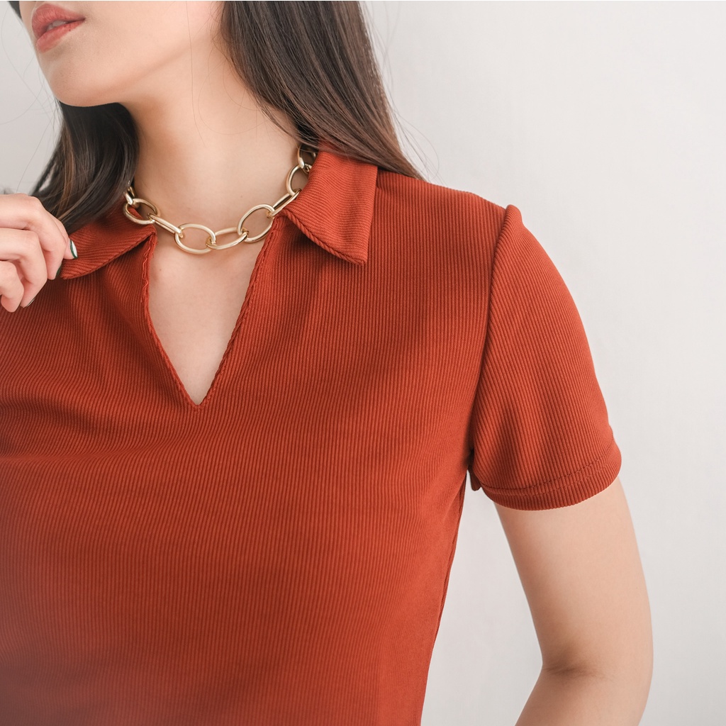 [TAVIA] JIRO KNIT POLO / BAJU CROP WANITA / KAOS CROP WANITA-Brick