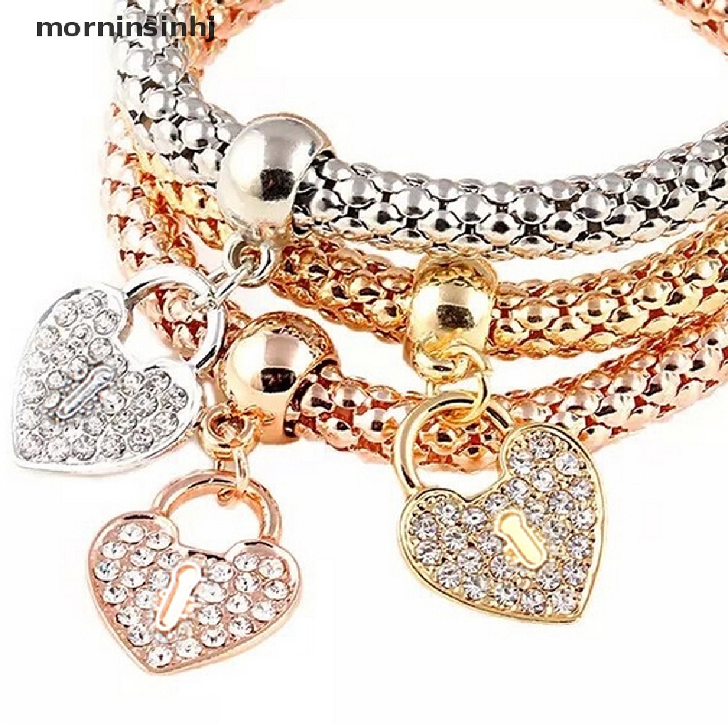 Mornin 3pcsset Gelang Bangle Elastis Dengan Charm Hati Aksen Berlian Imitasi Untuk Wanita