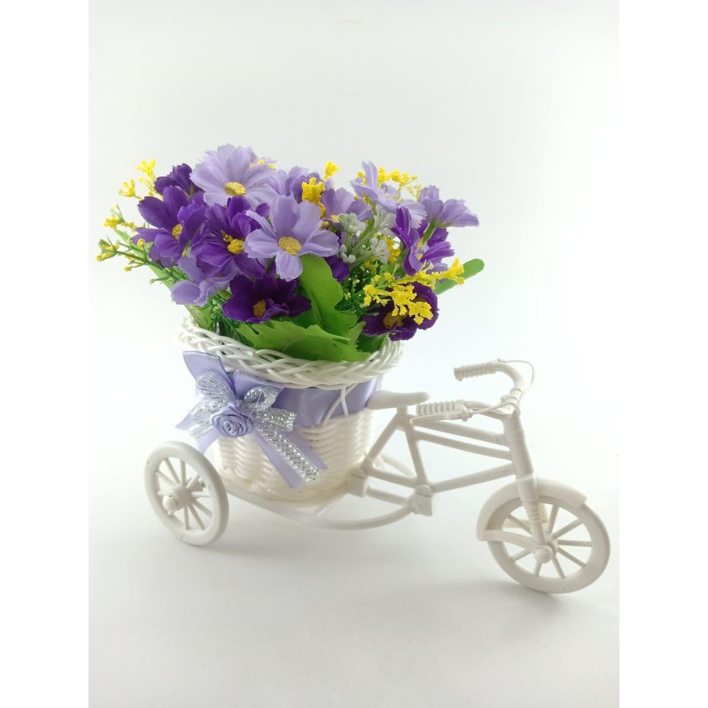 BUNGA SEPEDA SET BUNGA HIAS BUNGA PLASTIK VAS SEPEDA ROTTAN SET BUNGA DAISY BS6602-Ungu kombi