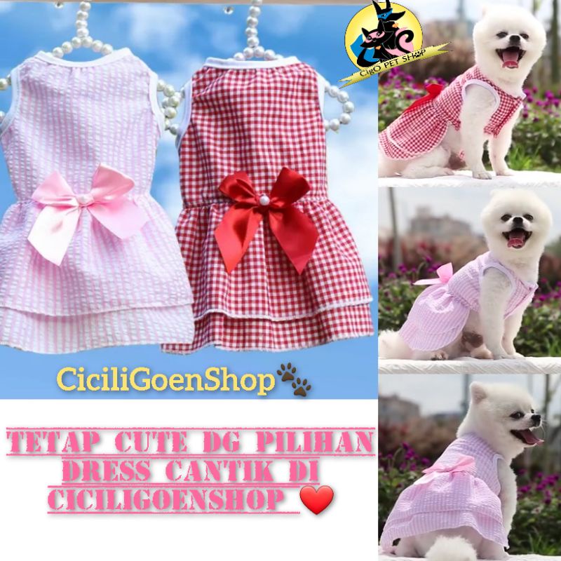 Baju anjing kucing dress merah kotak pita rok seragam