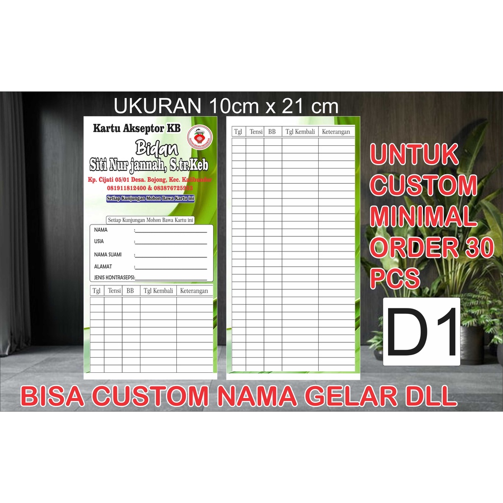 

Kartu Akseptor KB lipat 3 bolak balik FULL WARNA CUSTOM