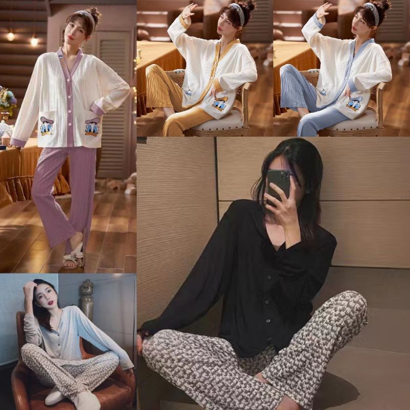 RULIF Oneset Piyama set wanita kancing import Rib onesize lengan panjang/Baju tidur Wanita Import Model Krah lengan panjang celana panjang Donaldd