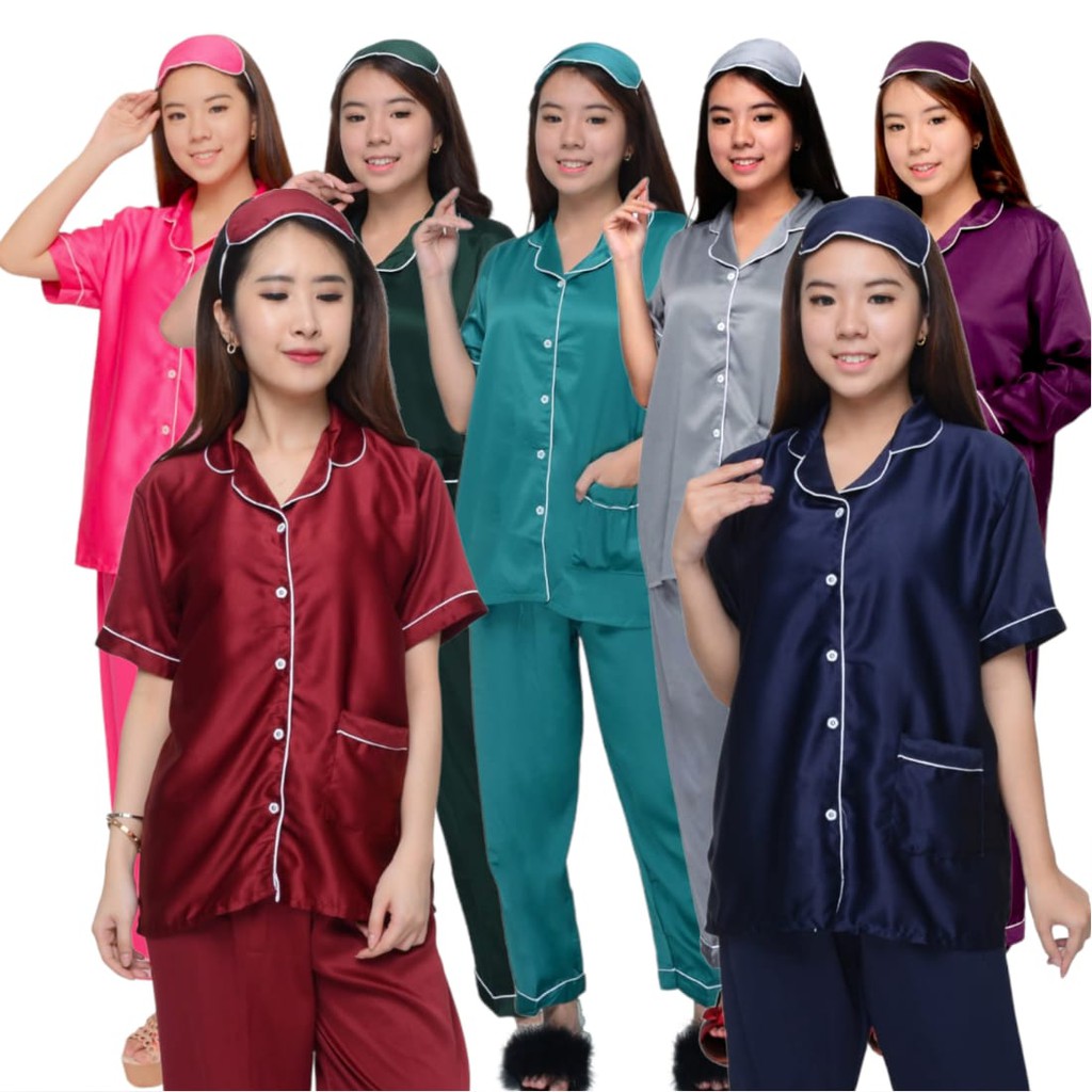 BAJU TIDUR WANITA DEWASA/PIYAMA SATIN POLOS SETELAN CELANA LD 108