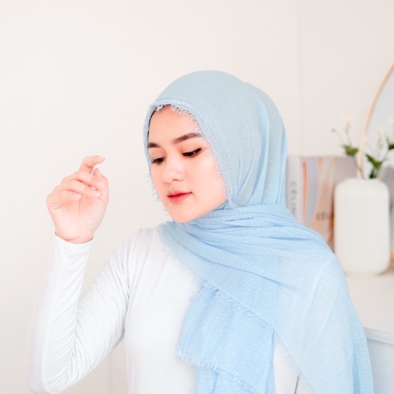 PASHMINA CRINKLE CRIMP COTTON SHAWL HIJAB PASMINA CRINKLE RAWIS  KUSUT Factory Outlet FAME ladyfame-Sky/Biru muda