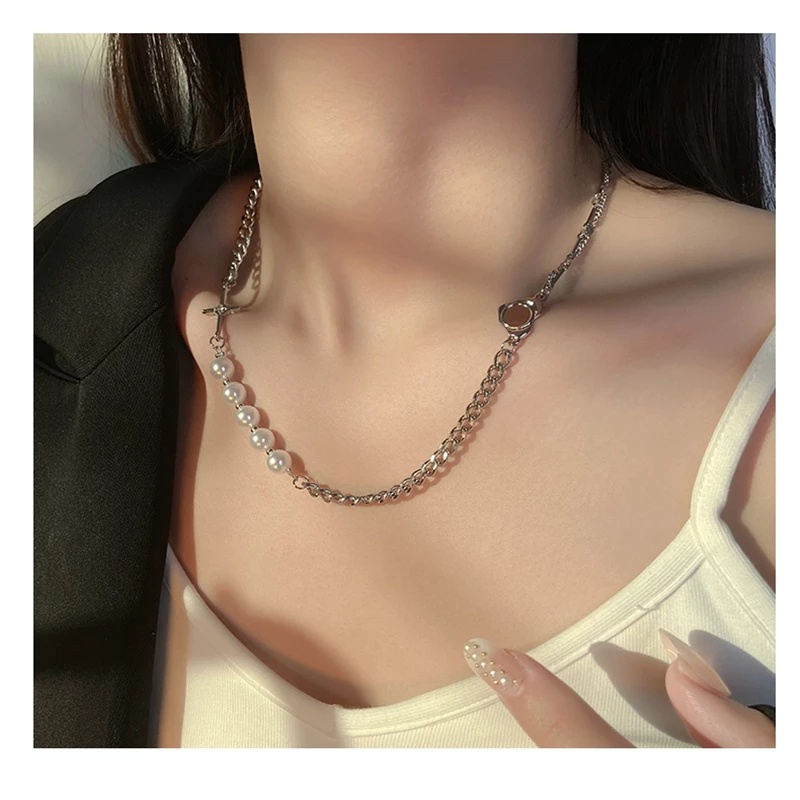 YEEZII Retro Pearl Chain Necklaces Silver Heart Cross Choker Necklace for Women Accessories Jewelry