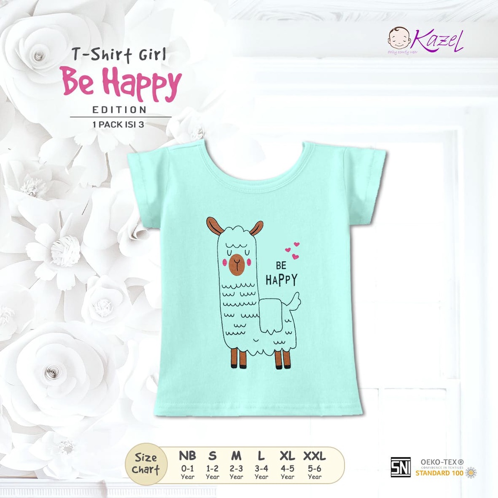 Kazel Tshirt Girl Be Happy Isi 3pcs - Kaos Anak Perempuan