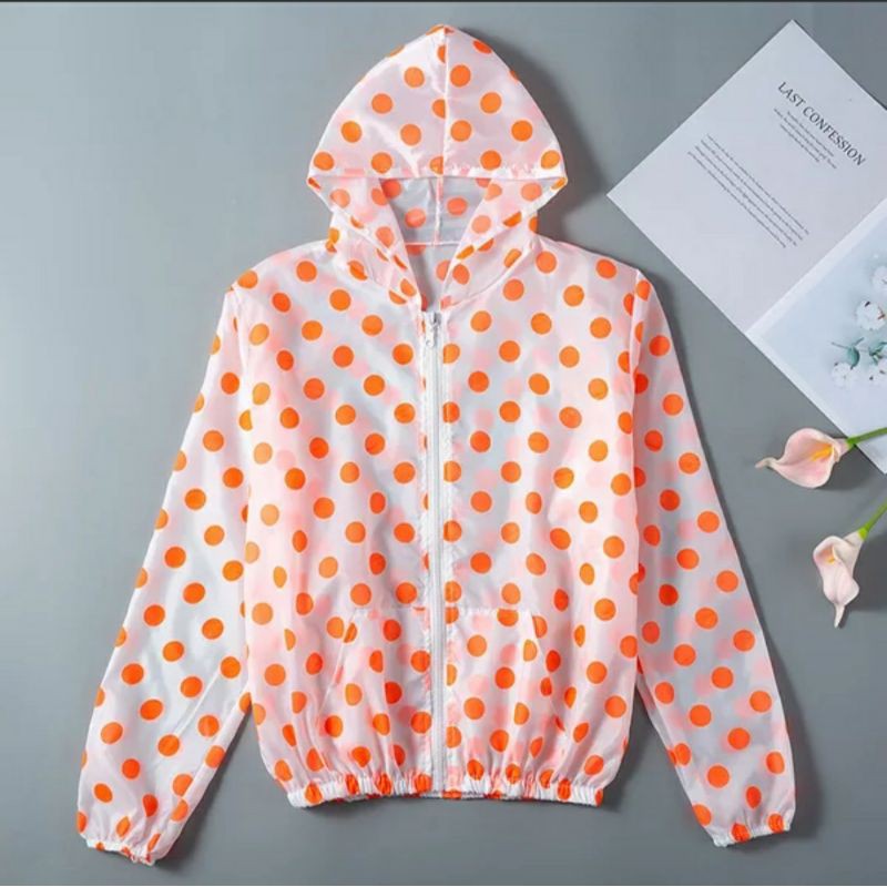 Jaket Wanita Trend Korea Anti UV Parasut Semi Transparan Woman Summer Sport Olahraga Casual Jacket-Polkadot Orange