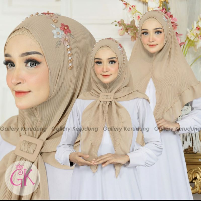 SIRIA PLISKET REMPEL BUNGA/JILBAB INSTAN PLISKET GESPER ORI Gk