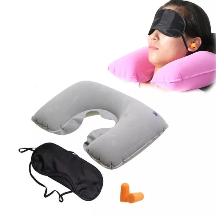 Bantal Leher Travel Angin Set Travel Pillow + Penutup Mata dan Telinga -  Bantal Mocil Leher Bantal Anti Pegal Leher