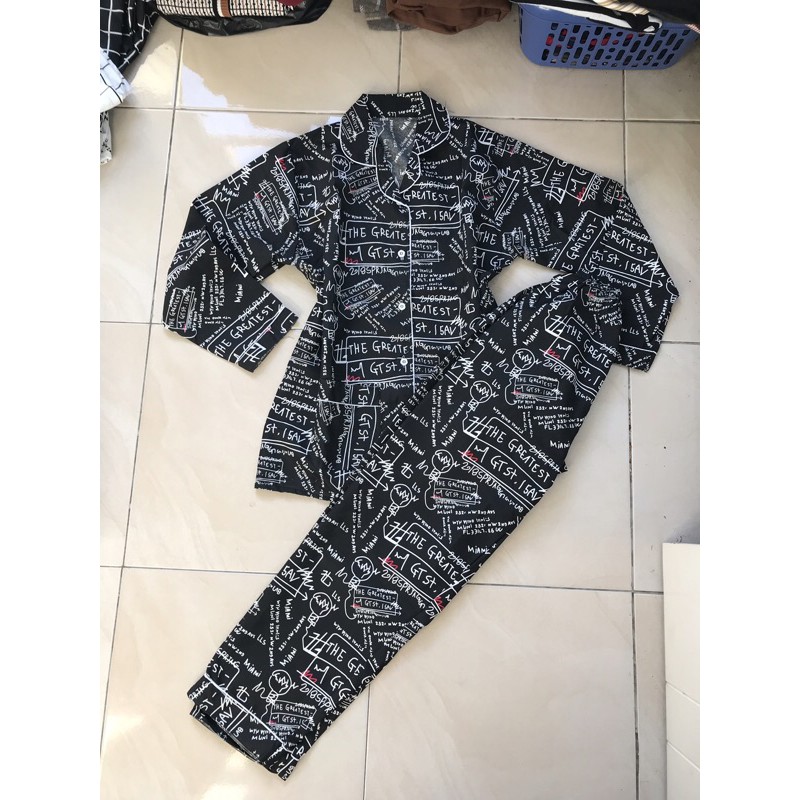 piyama/pajamas motif tulisan PP hitam wanita.bajutidur/homewear/sleepwear tulisan PP black cwe kekin