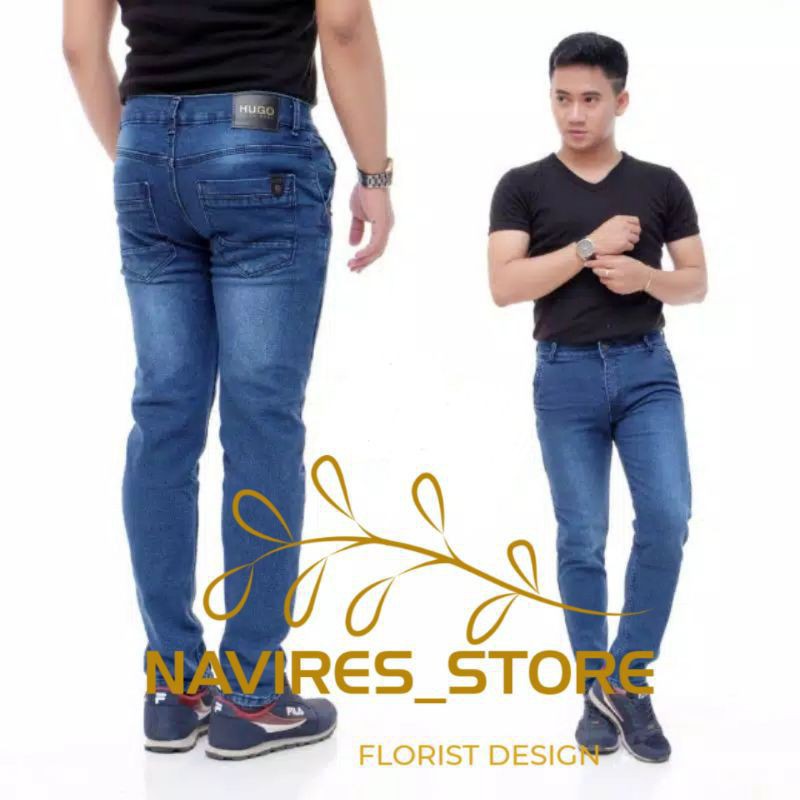 Celana jeans pria panjang slim fit skiny hitam pensil reguler jumbo