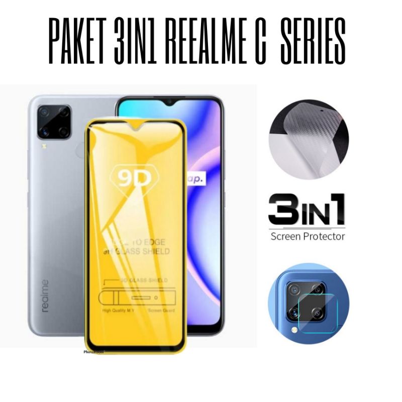 3in1Tempered Glass Realme C25 C15 C11 C12 C17 C20 C21 C20A C25s C21Y Layar Full  Lens Camera Garskin