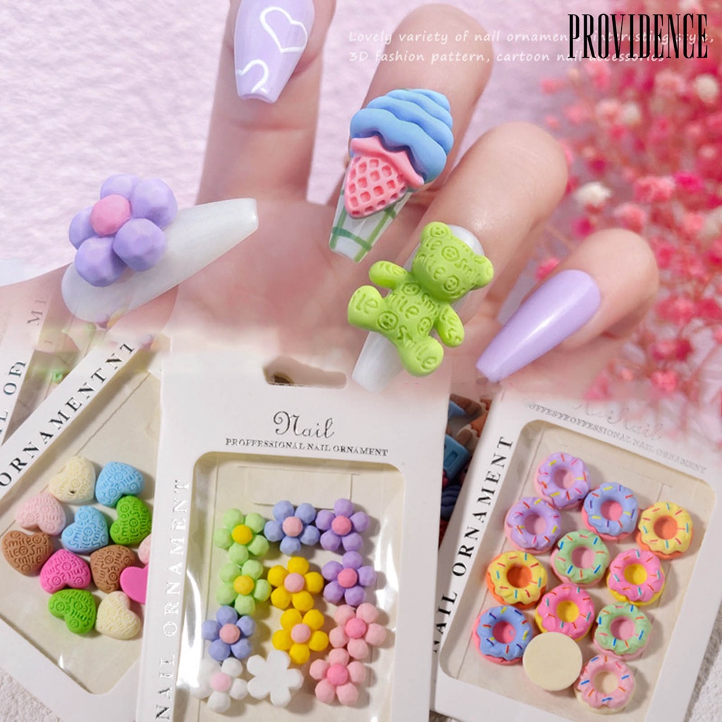 Providence 12Pcs / Set Hiasan Kuku Motif Kartun Bunga / Beruang Bahan Resin Untuk Nail Art / Manicure DIY