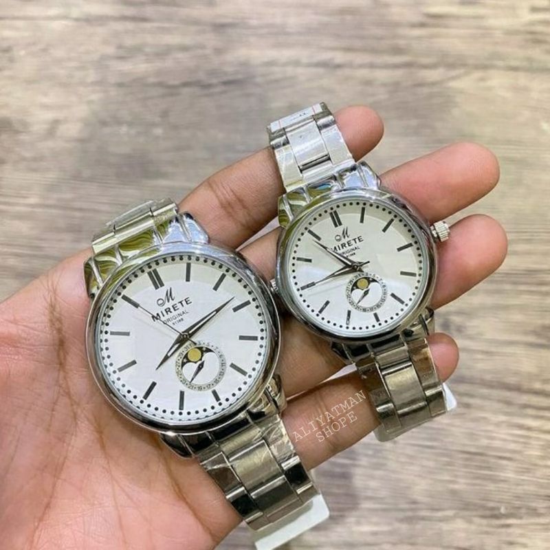 JAM COUPLE MIRETE WARNA SILVER ORIGINAL ANTI AIR RANTAI STAINLES STEL JAM TANGAN PRIA DAN WANITA TAHAN AIR BISA SATAUAN BESTSELLER  FREW BATARI CADANGAN_JAM TANGAN PRIA RANTAI STALINLES_JAM TANGAN WANITA RANTAI STAUNLES STEL MIRETE ORIGINAL TERLARIS