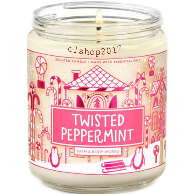 BATH &amp; BODY WORKS BBW TWISTED PEPPERMINT MADE WITH ESSENTIAL OILS WHITE BARN 1 SINGLE WICK SCENTED CANDLE 198 G PENGHARUM RUANGAN