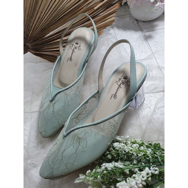 sepatu yasmika tanpa payet hijaumint tali 7cm kaca