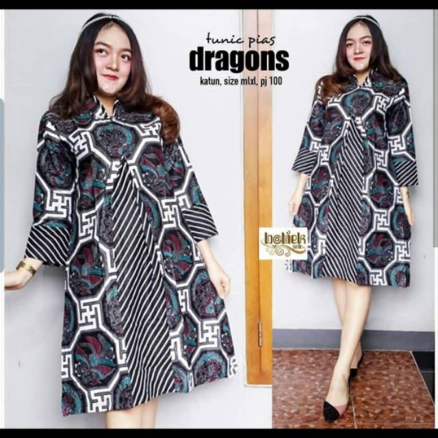 Jual tunik dress pias motif dragon lawasan hitam putih bumil besar terbaru terlaris premium seragam