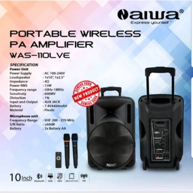 SPEAKER PORTABLE WIRELESS MEETING AIWA WAS 110LVE ( 10 INCH ) USB-MP3-BLUETOOTH