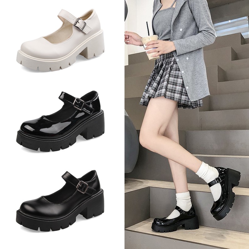 Sepatu Mary Jane Hak Tahu Wanita Import Kulit Murah Putih Hitam Big Size 5cm Chunky Block Heels Black White Beige Platform Shoes - Ukuran 34 35 36 37 38 39 40 41 42 43