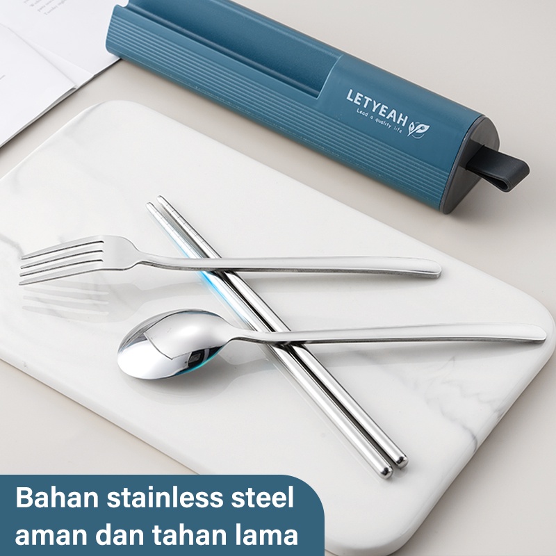 Letyeah &amp; Kaizenliving Travel Cutlery Set Sendok Garpu Sumpit Alat Makan Set Stainless Steel 3 Pcs pemegang ponsel