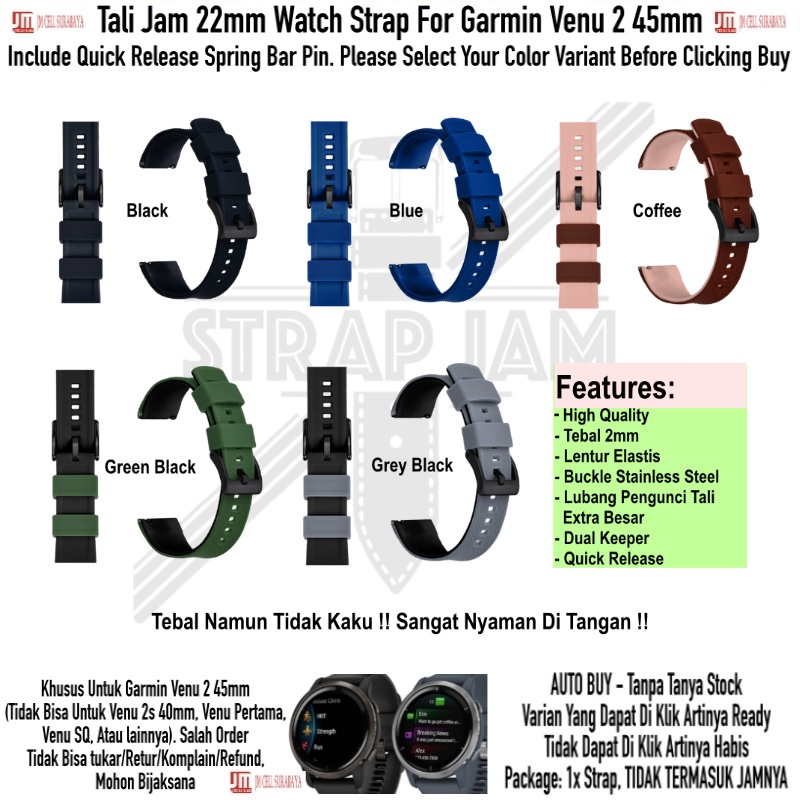 HNN Strap Garmin Venu 2 45mm - Tali Jam Tangan 22mm Rubber Lentur Nyaman