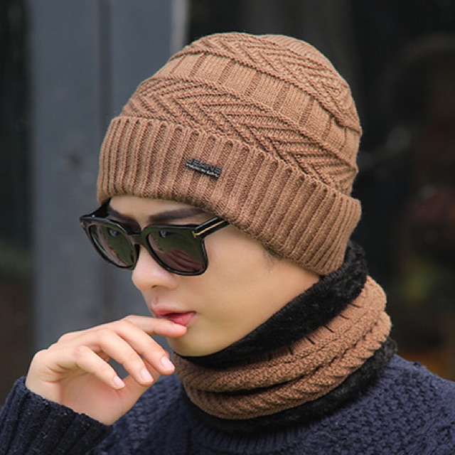 Kupluk topi beanie wool winter hat dengan scarf musim dingin JEANS