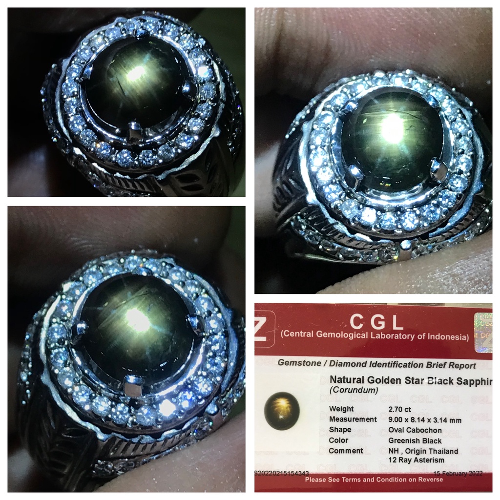 Natural 2.70ct Golden Star Black Sapphire 12 Rays No Heat Ring Perak