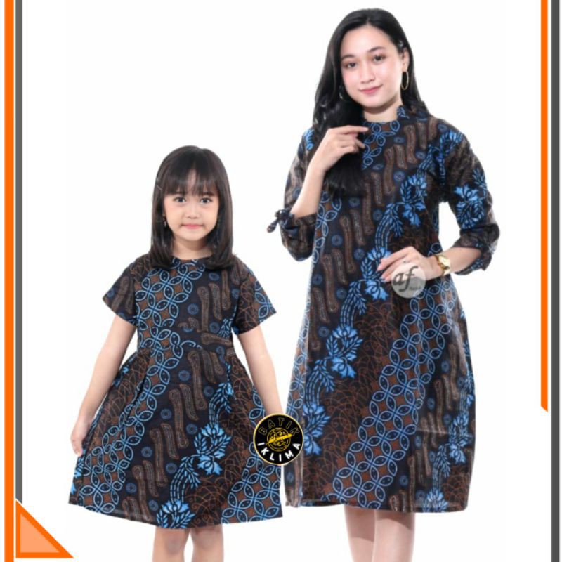 Dress Batik Ibu dan anak Seno Biru / Setelan Atasan Perempuan Batik Terbaru
