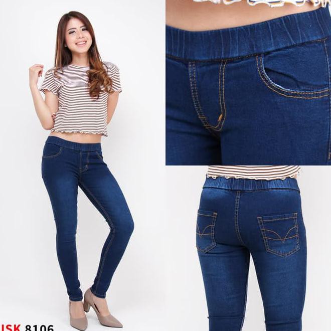 1Eqq Celana Legging Wanita Jeans Pinggang Karet 4 Warna - Biru Aqua, 28 Dk01