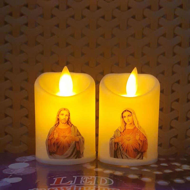 Lilin Doa Gambar Yesus Bunda Maria 8cm LED Bisa Goyang Dekorasi Misa Perjamuan