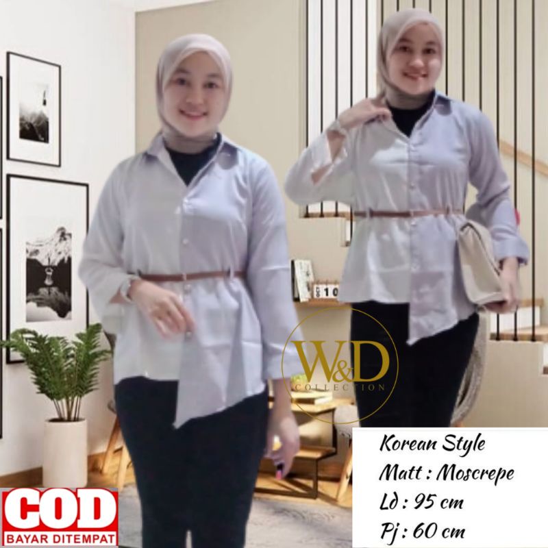 BLOUSE LOVELY TOP ATASAN KEMEJA WANITA POLOS KOMBINASI 2 WARNA CASUAL KOREA LENGAN PANJANG MOSCREPE FREE IKAT PINGGANG-Abu
