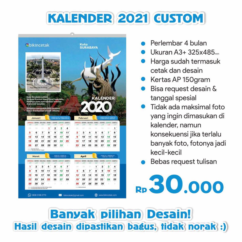 

Kalender 2022 Custom A3+ | 1 Lembar 4 BULAN | Custom Desain | Proses Cepat