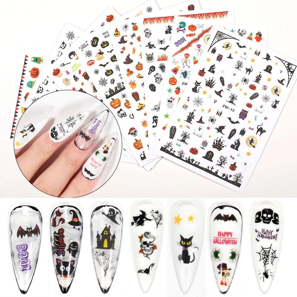 AUGUSTINA Agustina Halloween Stiker Kuku Wanita Penyihir Spider Web Perekat Diri Kucing Hitam Labu DIY Kuku Decals