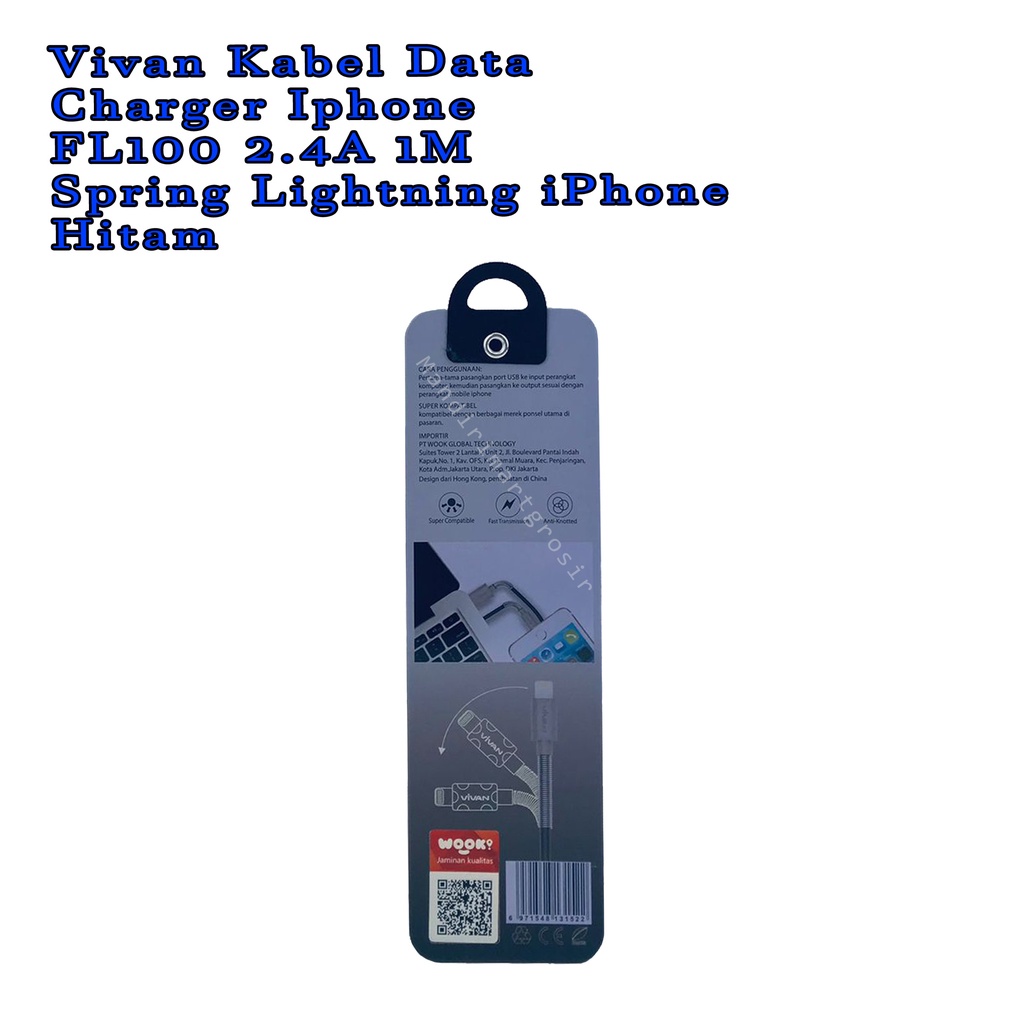 Charger Iphone FL100 2.4A 1M *Vivan Kabel Data * Spring Lightning iPhone * Hitam