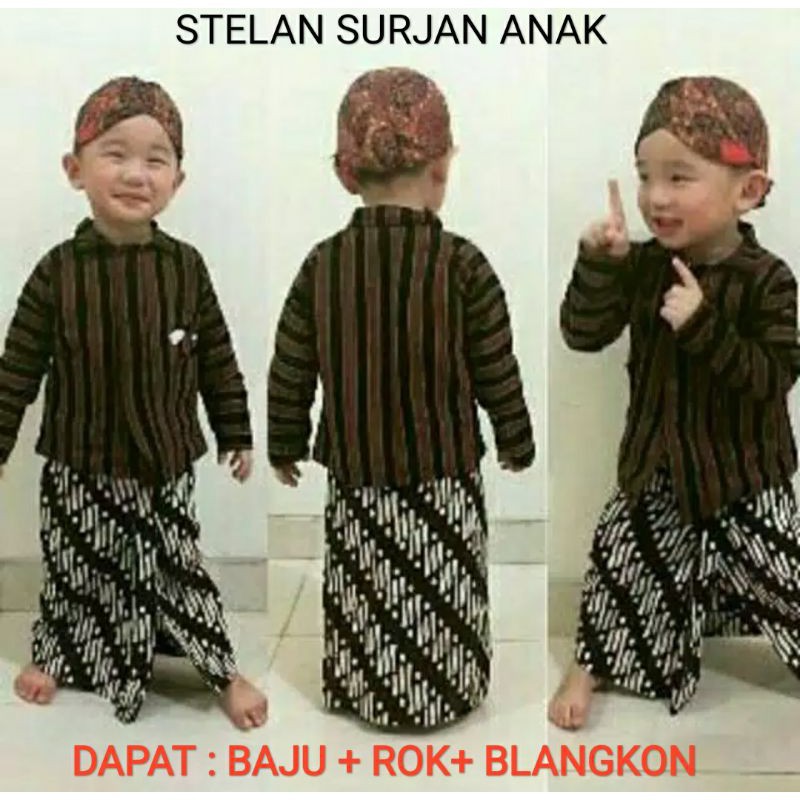Stelan surjan lurik anak / size bayi - anak sd/baju lurik rok blangkon