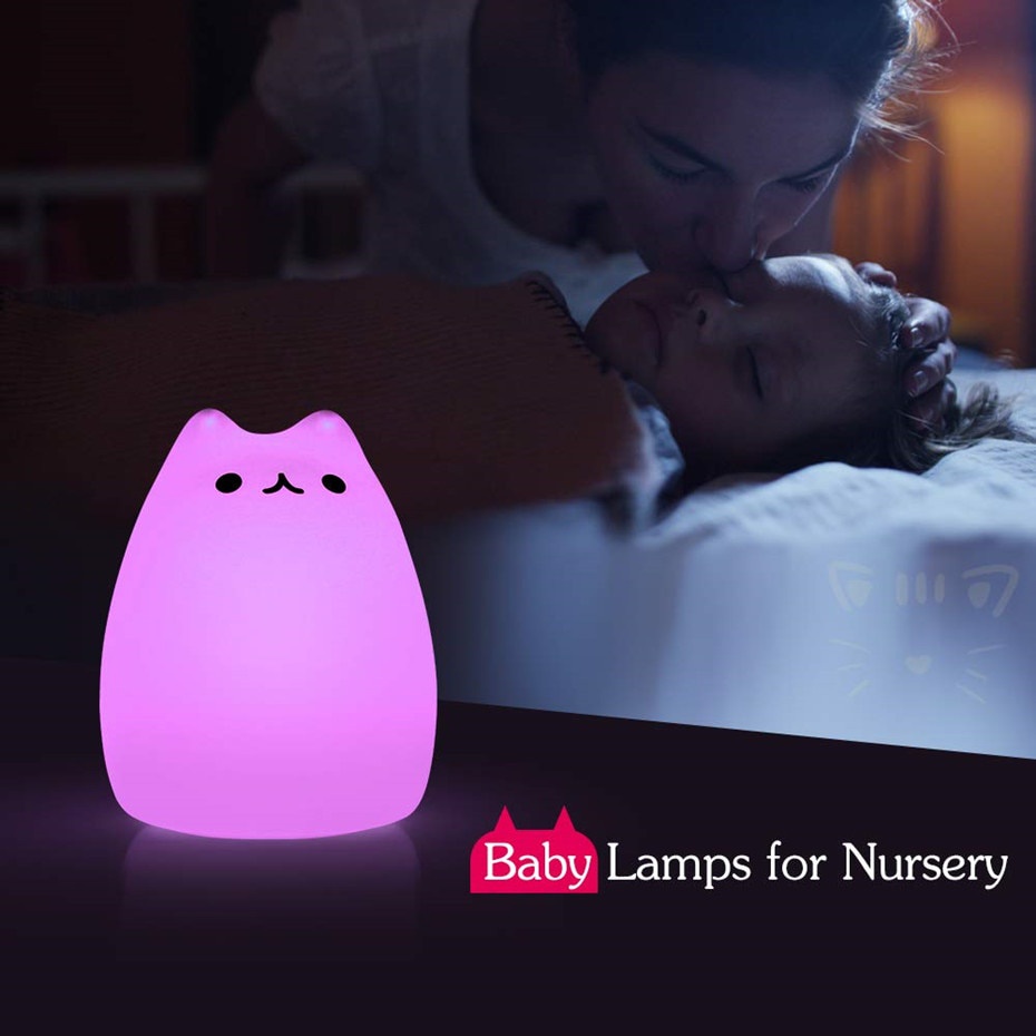 lampu tidur bayi lampu tidur anak kamar bayi boneka lucu karakter kartun cartoon aman digigit bayi Lampu 7 Warna Model Kucing Lucu - LJC-101 Cute Silicone LED Night Light For Baby Kids Children Bedroom Touch Sensor Remote Cat Lamp Decoration Room Decor