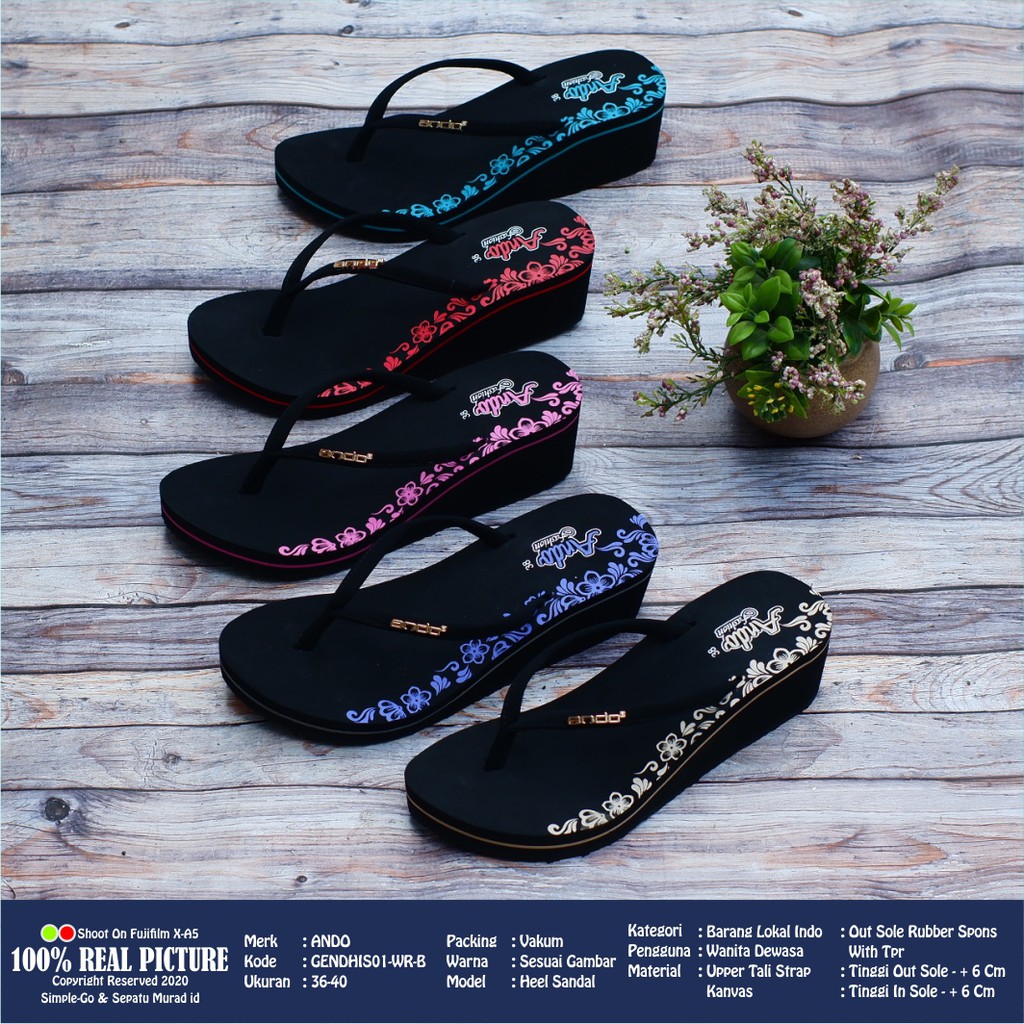 Sendal wanita wedges spon jepit original sandal cewek perempuan dewasa hak rata tinggi 5cm kwalitas import branded Ando Gendhis 03 01 ibu-ibu promo keren murah cod 36-40-4