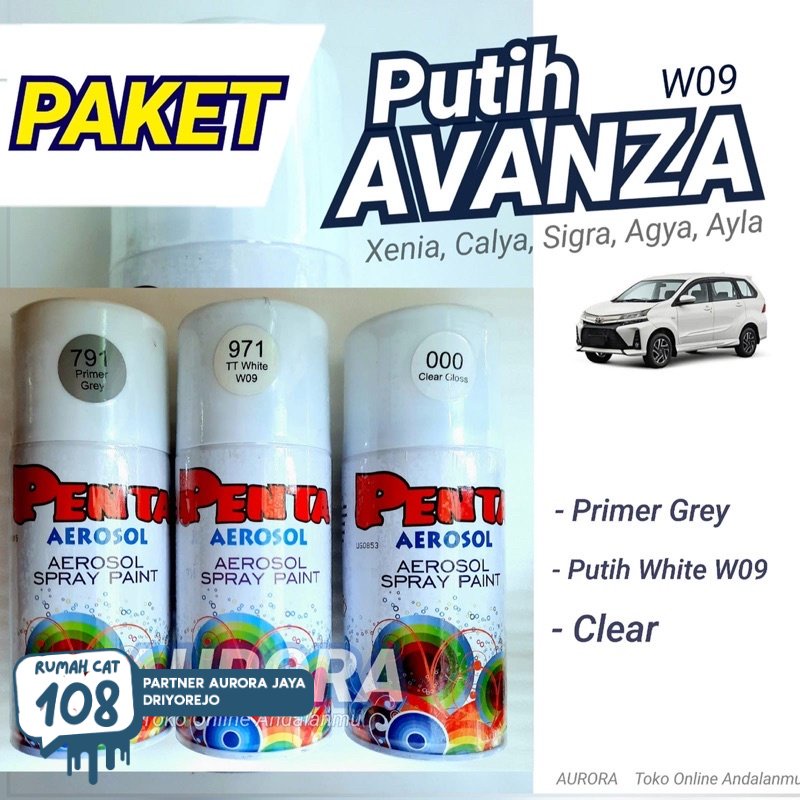 

Rumah Cat - PAKET Penta Aerosol 971 White TT W09 Putih Avanza + Primer Grey 791 + Clear Gloss 000 / Cat Mobil Toyota Agya Calya Innova Rush Xenia Ayla Sigra Terios Mengkilap Pilok Pylox Pilox Epoxy Abu Epoksi Abu-abu Vernis Klir Rumah Cat Motor dan Mobil